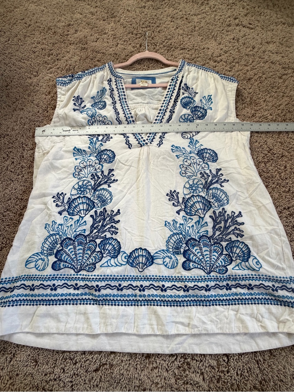 Anthropologie Maeve linen embroidered tunic dress medium white blue beach shells - Picture 7 of 17
